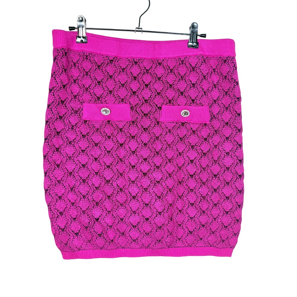 Amanda Uprichard Pink Knit Mini Skirt XL Rhinestone Button Diamond Pointelle Hot